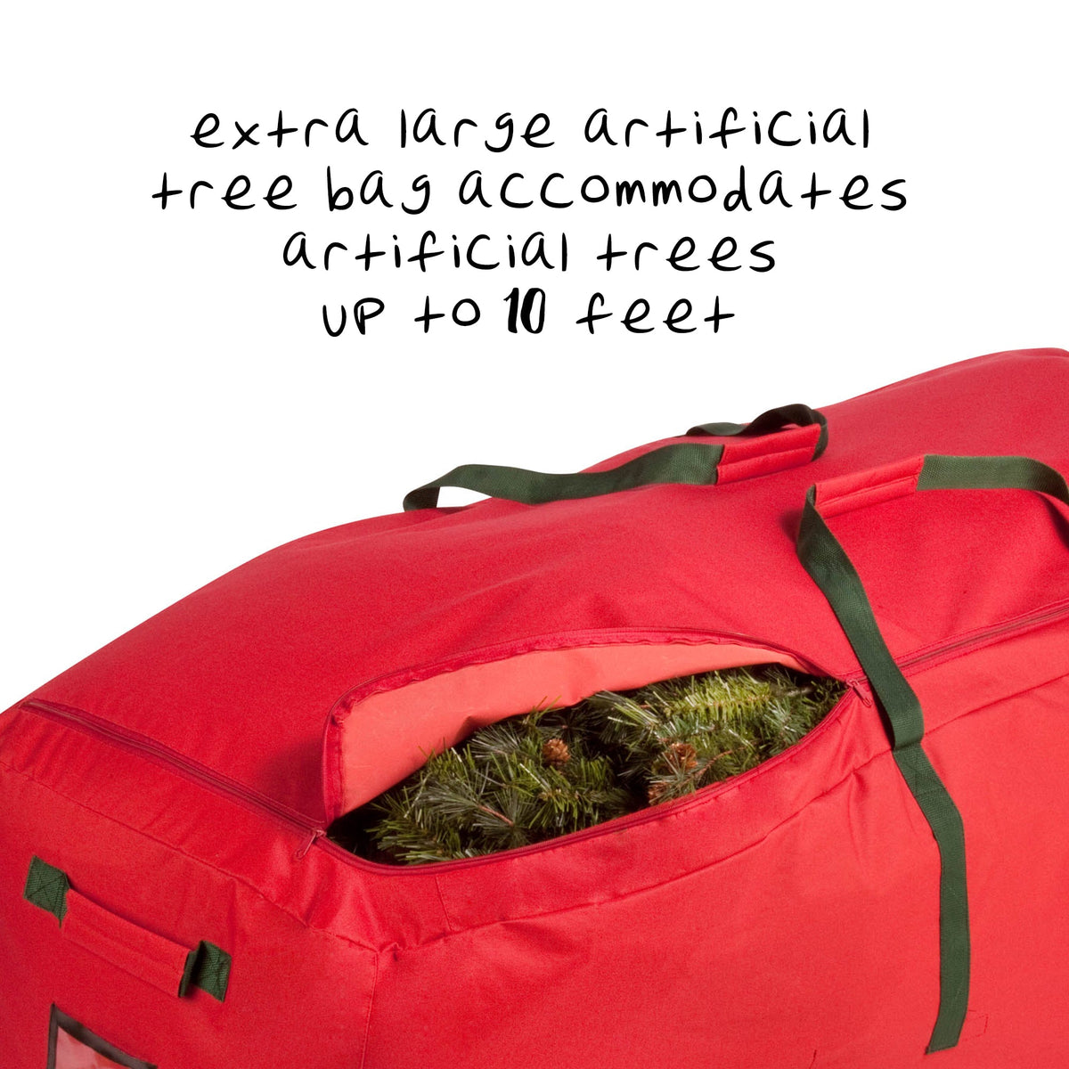 Extra large artificial tree bag accommodates trees up to 10 ft.