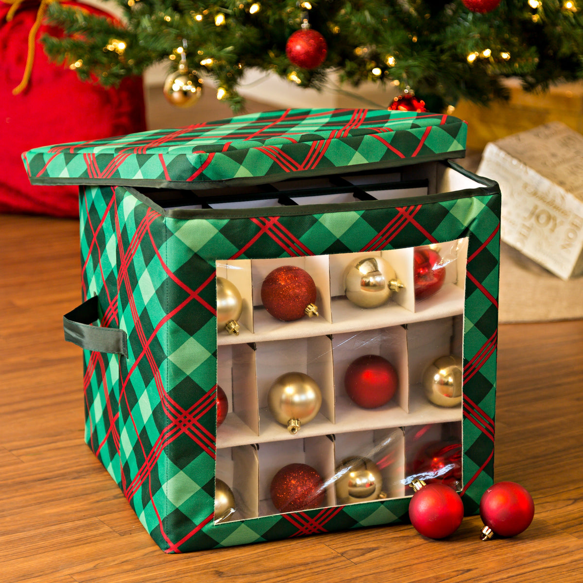 Green Plaid 48-Ornament Storage Box