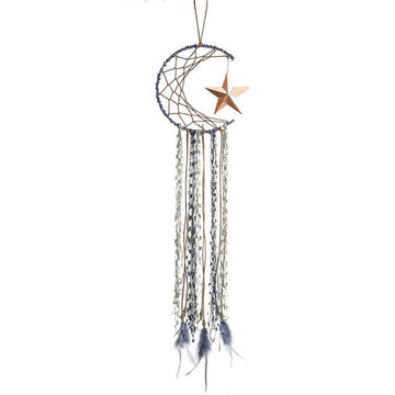 blue moon and brass star feather decorated macrame dream catcher decor roomtery