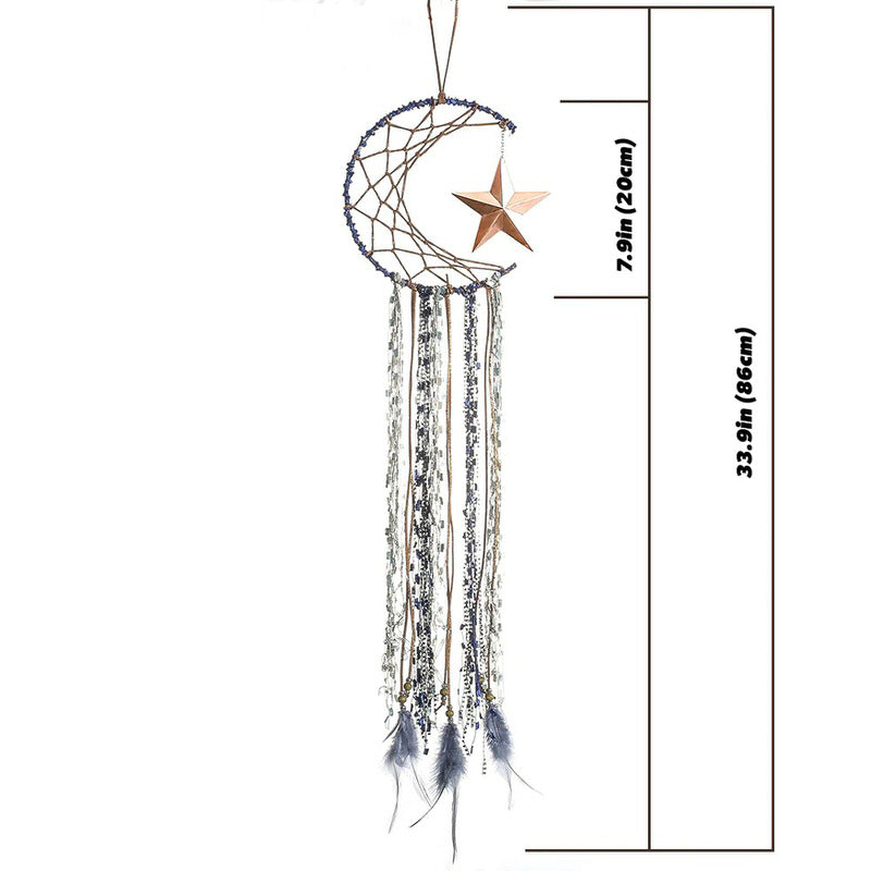 blue moon and brass star feather decorated macrame dream catcher decor roomtery