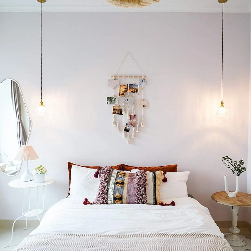 wall hanging macrame photo display with lights boho aesthetic room decor roomtery